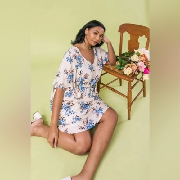 Flying Tomato Plus Size Dress Knee Length Cream Blue Brown Floral 1X 2X 3X - Picture 6 of 8